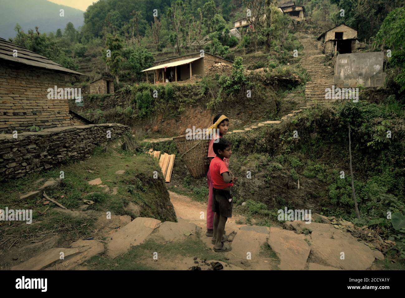 Portrait d'enfants au village agricole de Damdame, dans la région montagneuse de Panchase, Kaski, Gandaki Pradesh, Népal. Banque D'Images