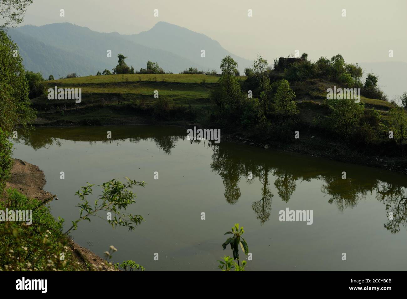 Un étang d'eau douce près du village de Bhanjyang dans la région montagneuse de Panchase, Gandaki Pradesh, Népal. Banque D'Images