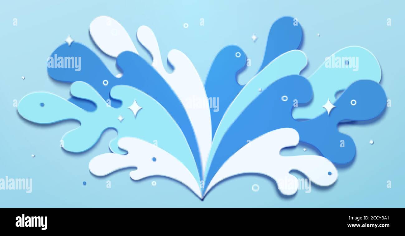 Projection d'eau dans le papier coupé, isolé sur fond bleu, concept des vagues, fontaine et explosion Illustration de Vecteur