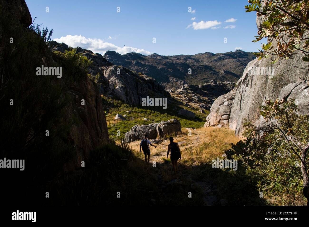 Randonneurs en contre-jour descendant dans un paysage de montagne sur une journée ensoleillée Banque D'Images