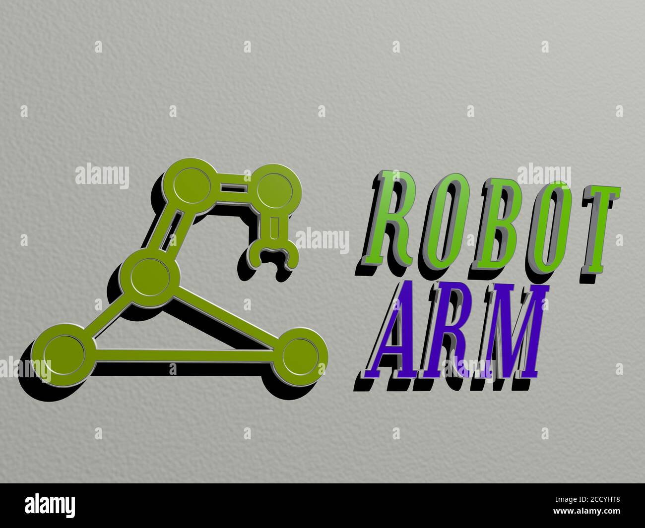 Représentation 3D du BRAS DU ROBOT avec icône sur le mur et texte disposé  par des lettres cubes métalliques sur un sol miroir pour la signification  du concept et la présentation du