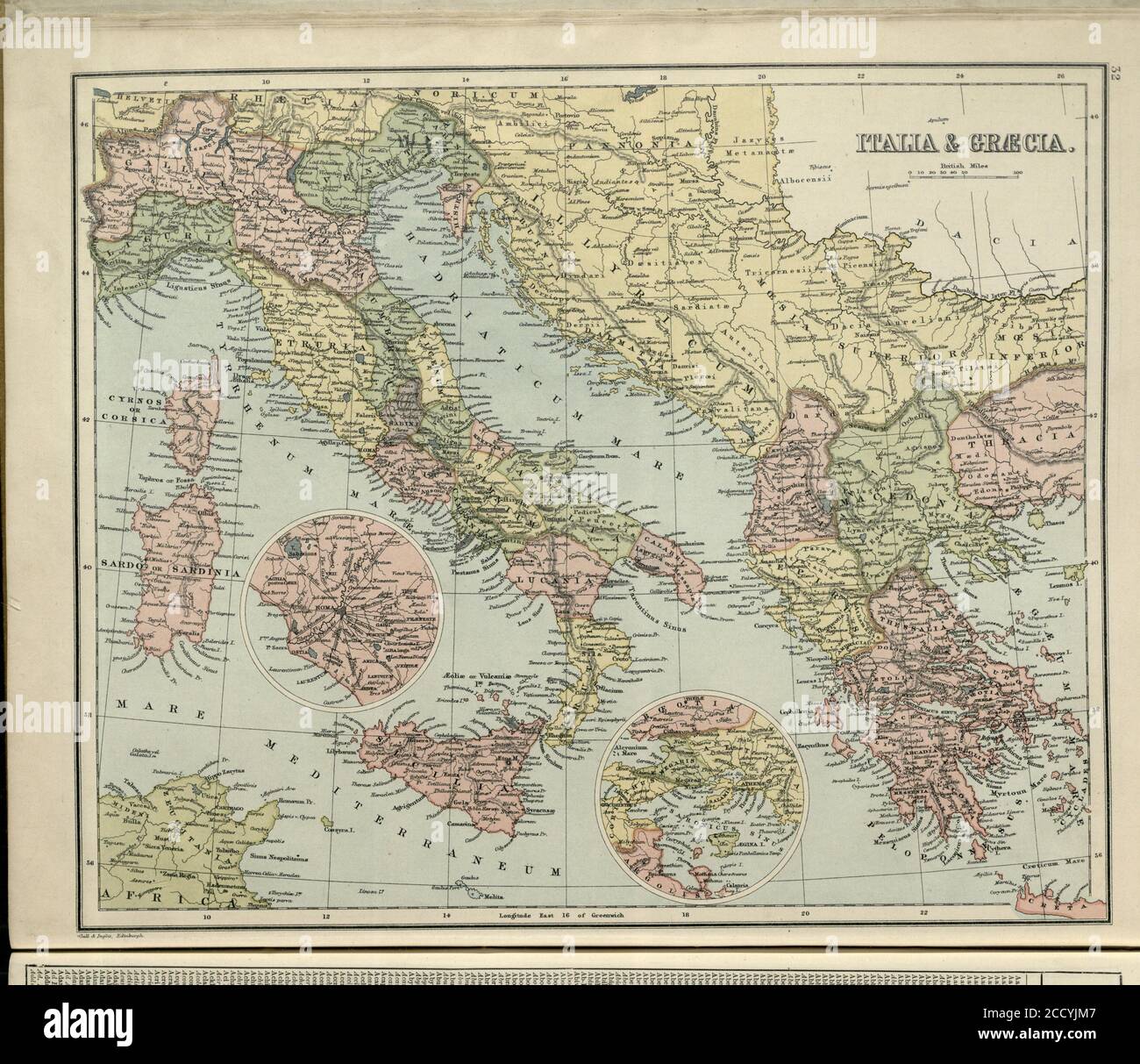 Sandycove Atlas plate 32 Italia et Graecia; les marques délibérées attribuées à James Joyce correspondent à la leçon Pyrrhus Wars dans l'épisode Nestor d'Ulysses; de l'Imperial Globe Atlas of Modern and Ancient Geography de Gall & Inglis, Londres/Édimbourg, 1903. Les étiquettes qui sont des noms de ville font référence à des marques claires sur la plaque concernée. Pour plus d'informations, voir @SandycoveAtlas Facebook ou Twitter. Banque D'Images