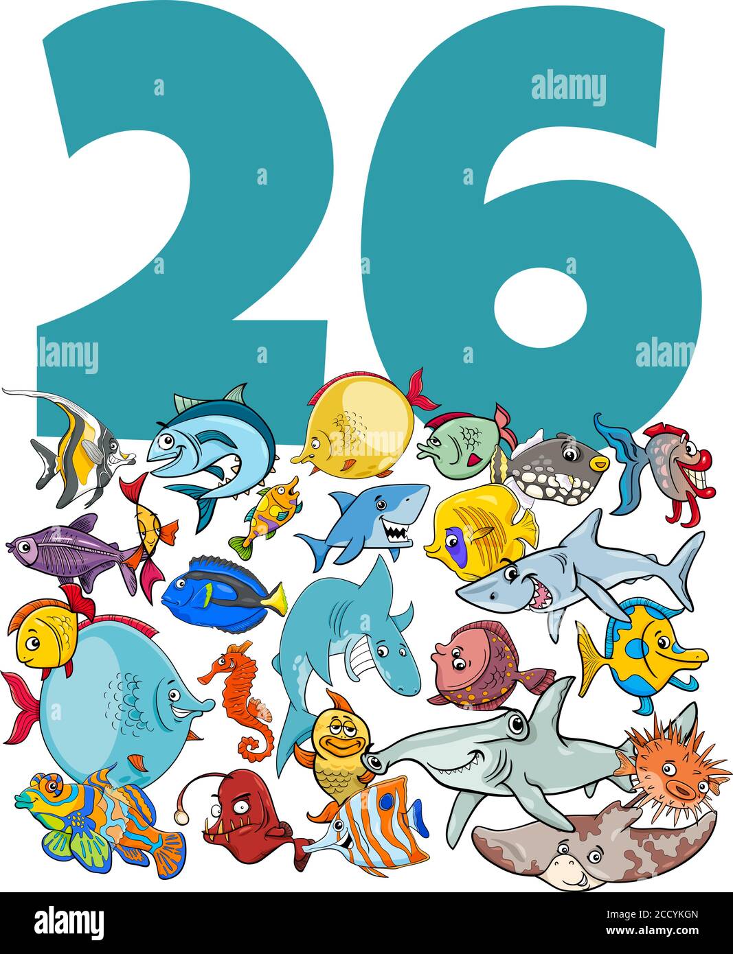 Dessin animé Illustration du numéro vingt-six avec drôle de mer de poisson Groupe de caractères de vie Illustration de Vecteur
