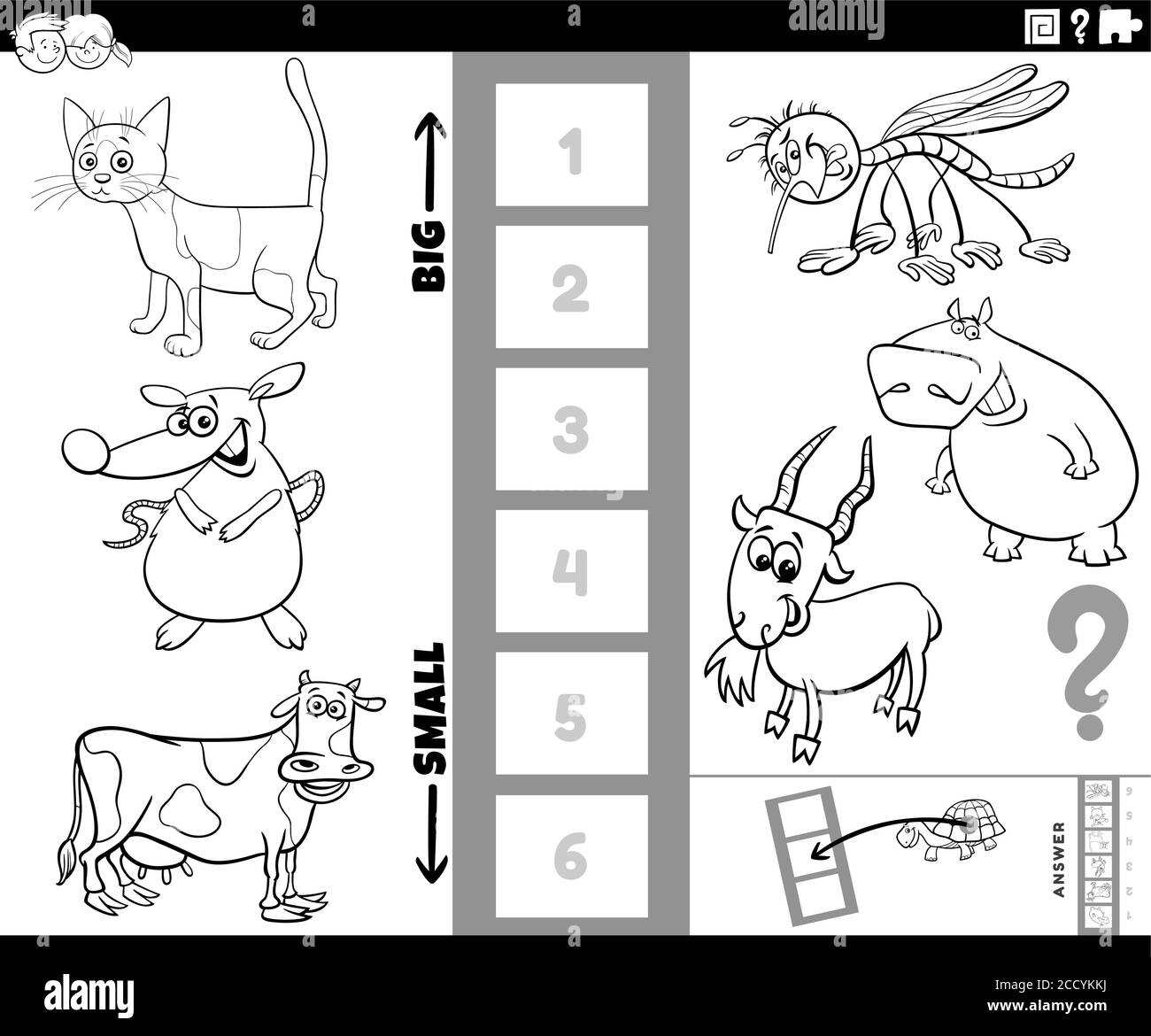 Dessin animé noir et blanc Illustration du jeu éducatif de trouver le plus gros et le plus petit animal espèces avec des personnages de comic pour les enfants Colo Illustration de Vecteur