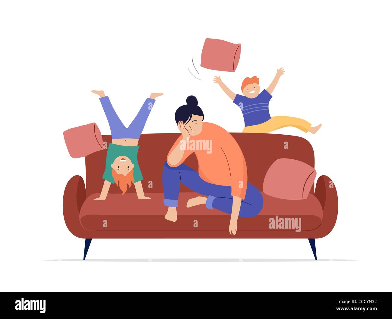 Une mère fatiguée est assise sur un canapé, les enfants jouent, sautent et courent autour d'elle Illustration de Vecteur