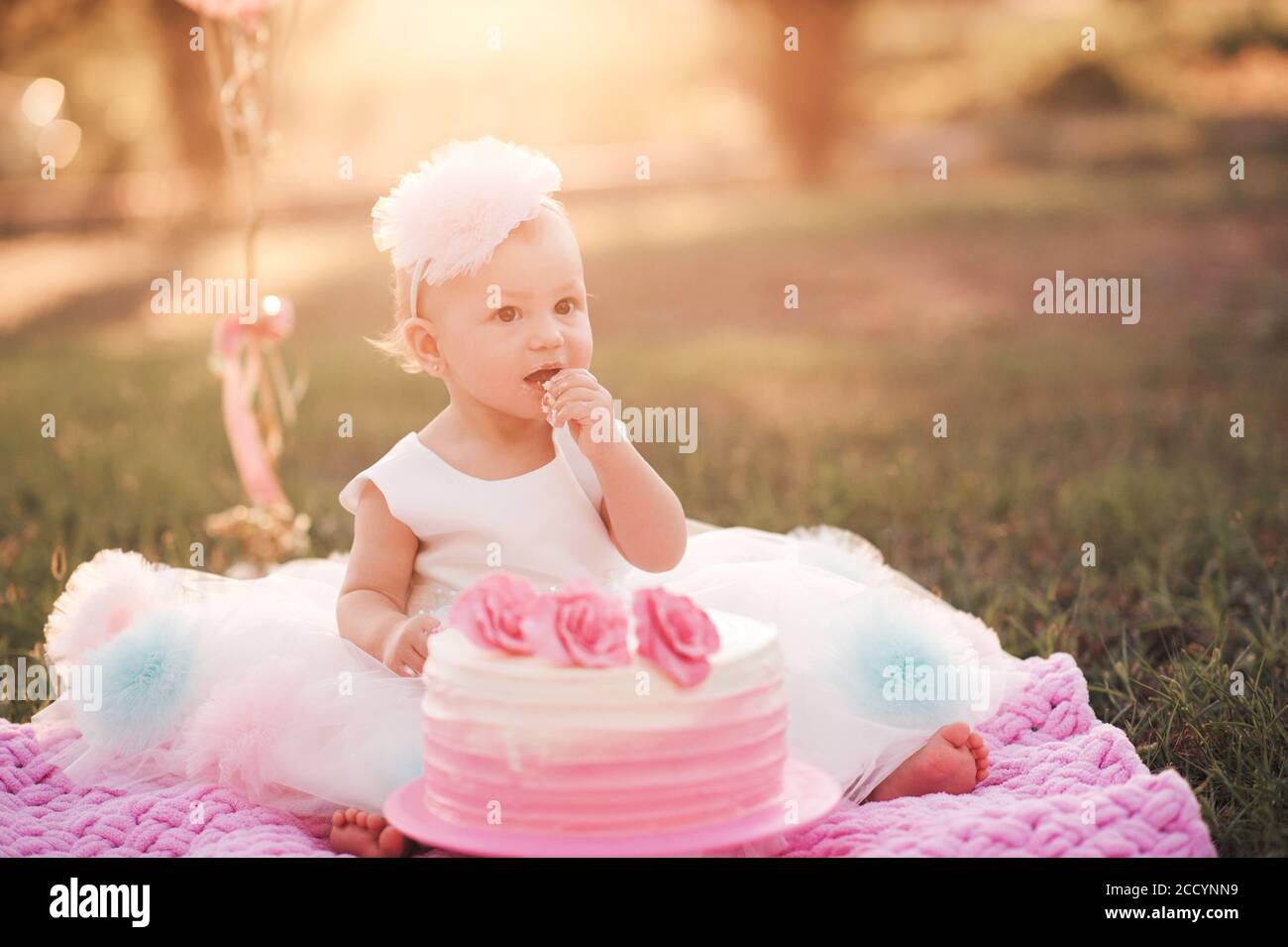 Bebe Fille 1 An Mangeant Gateau D Anniversaire Cremeux Assis Sur L Herbe Verte Avec Des Ballons Roses Dans La Prairie A L Exterieur De Pres Celebration Enfance Photo Stock Alamy