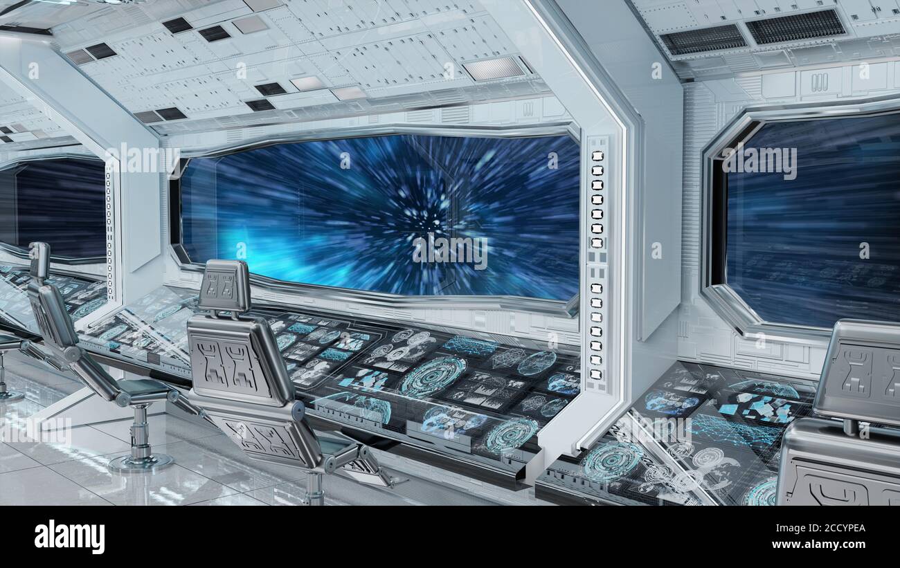 L'intérieur du vaisseau spatial blanc se rend au rendu 3D à vitesse légère Éléments de cette image fournis par la NASA Banque D'Images