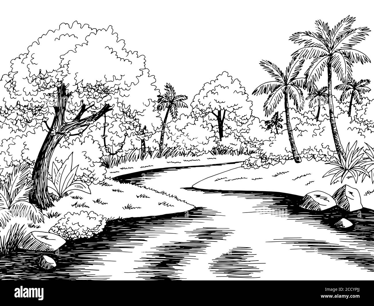 Jungle rivière pluie forêt graphique noir blanc paysage dessin illustration vecteur Illustration de Vecteur