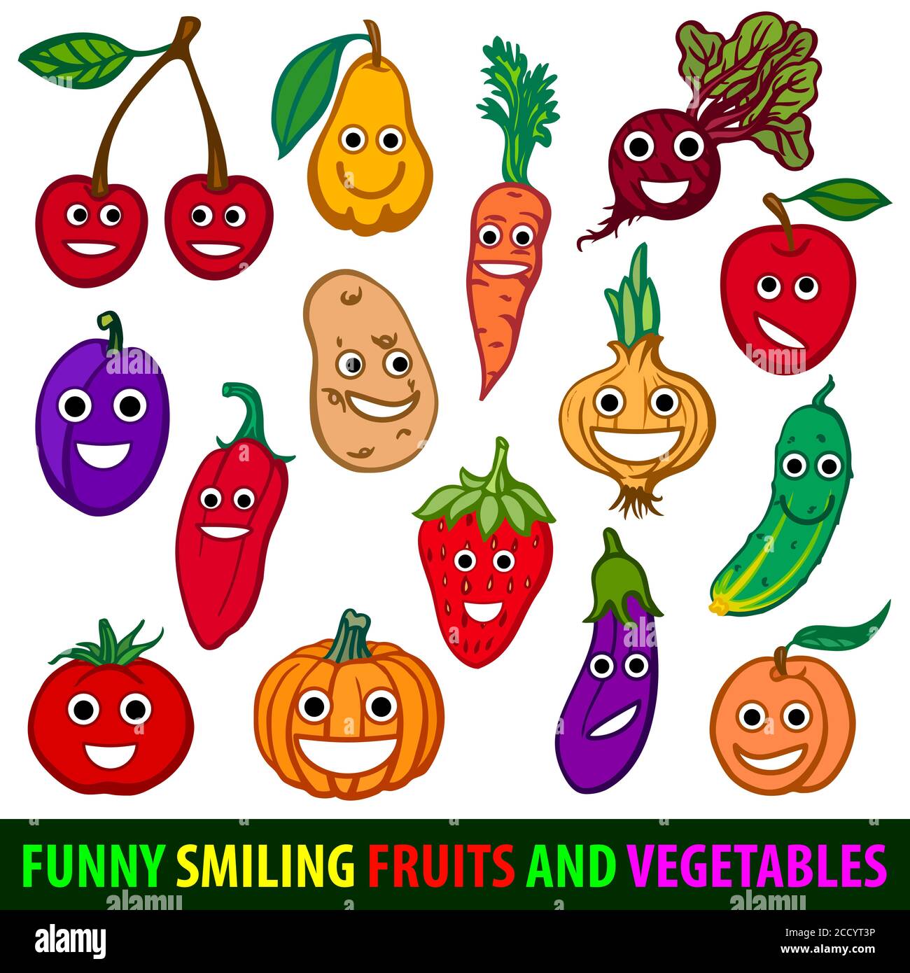 Fruits et légumes souriants et amusants. Définir l'image vectorielle plate Illustration de Vecteur