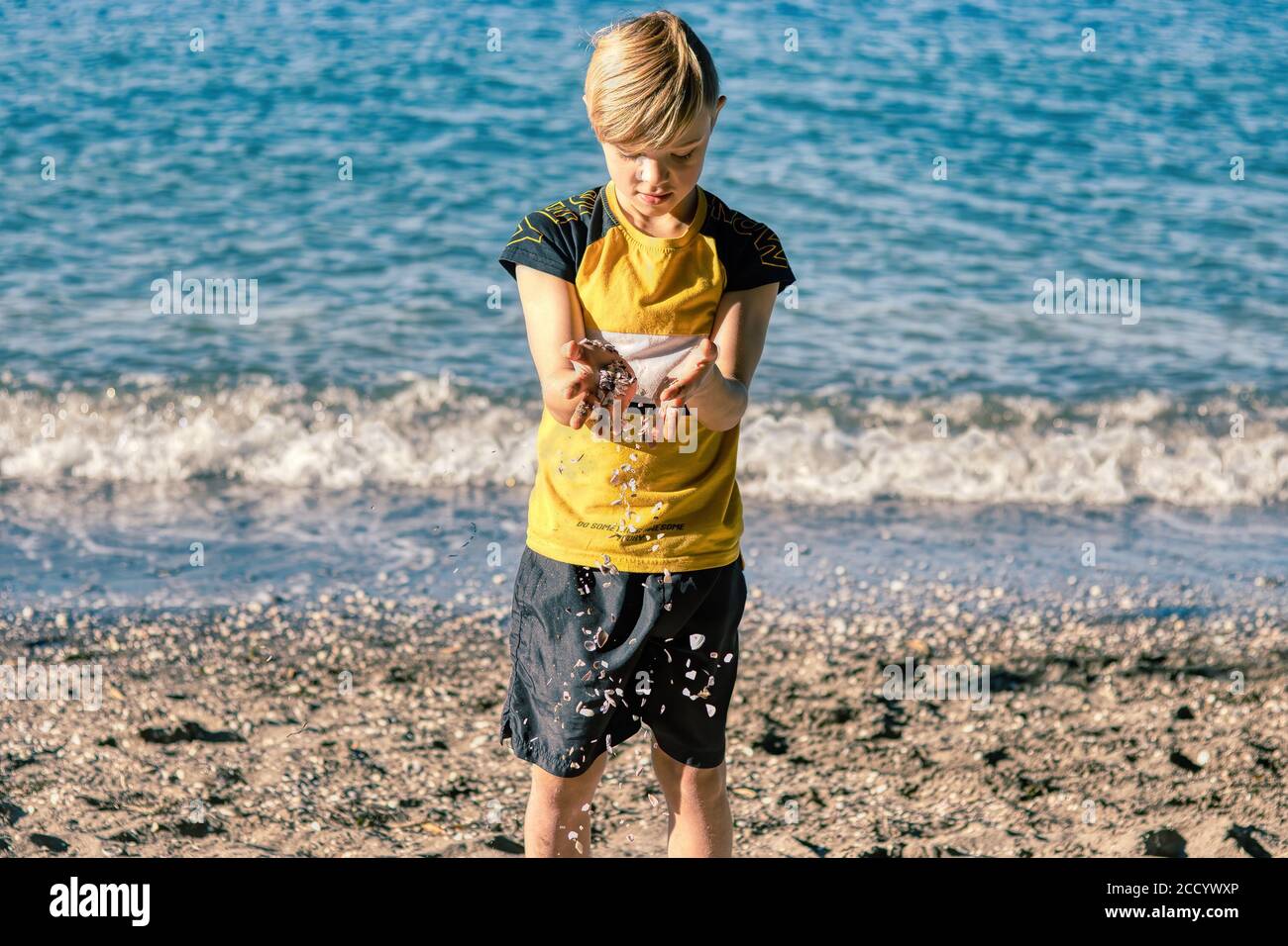 Jeune garçon sur la plage avec des cailloux et des coquillages tombant à travers ses doigts Banque D'Images