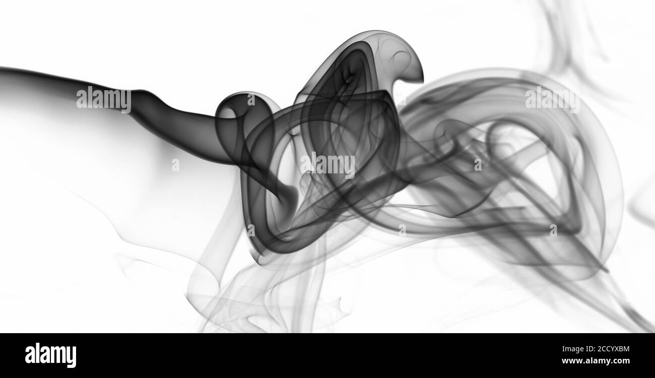 Arrière-plan abstrait de fumée noire sur fond blanc isolé Banque D'Images