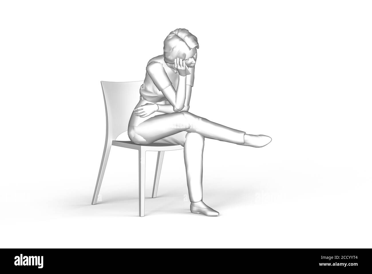 Une femme assise sur une chaise et parlant sur le téléphone : graphiques en  noir et blanc sur fond blanc - Illustration 3D Photo Stock - Alamy