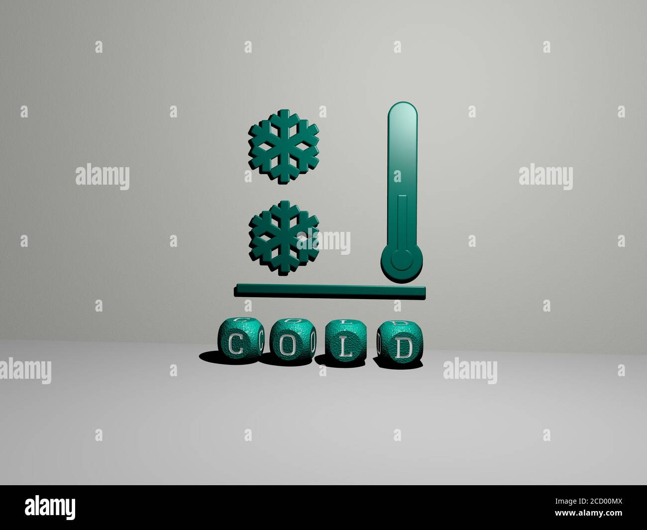 ICÔNE 3D FROIDE sur le mur et texte des alphabets cubes sur le sol, illustration 3D Banque D'Images