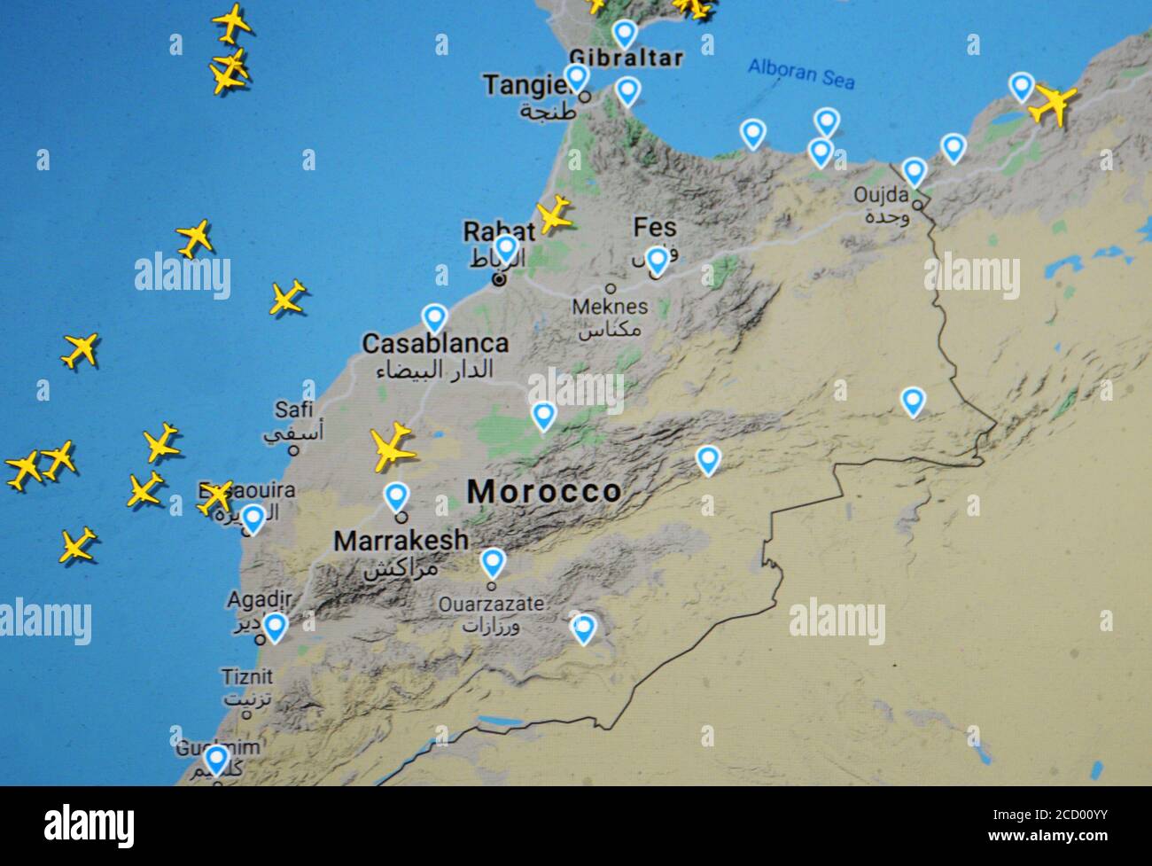 Trafic aérien sur Marocco (20 août 2020, UTC 21.36), sur Internet avec le site Flightracar 24, pendant la période de pandémie du coronavirus Banque D'Images