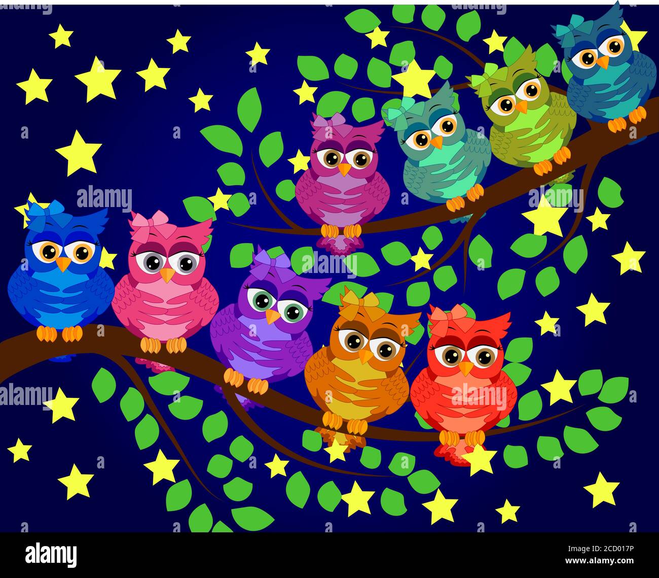 Bonne Nuit Et Doux Reves Scene De Nuit Avec Lune Et Etoiles Owl Hibou Sur La Branche Lune Faite De Stars La Nature Image Vectorielle Stock Alamy