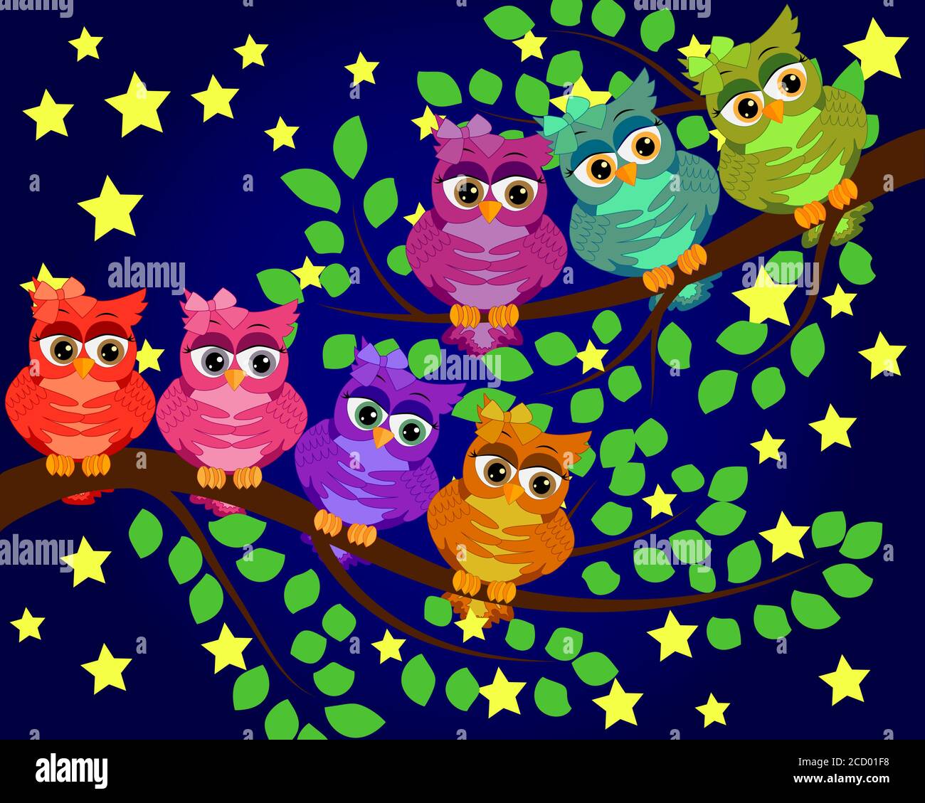 Bonne Nuit Et Doux Reves Scene De Nuit Avec Lune Et Etoiles Owl Hibou Sur La Branche Lune Faite De Stars La Nature Image Vectorielle Stock Alamy