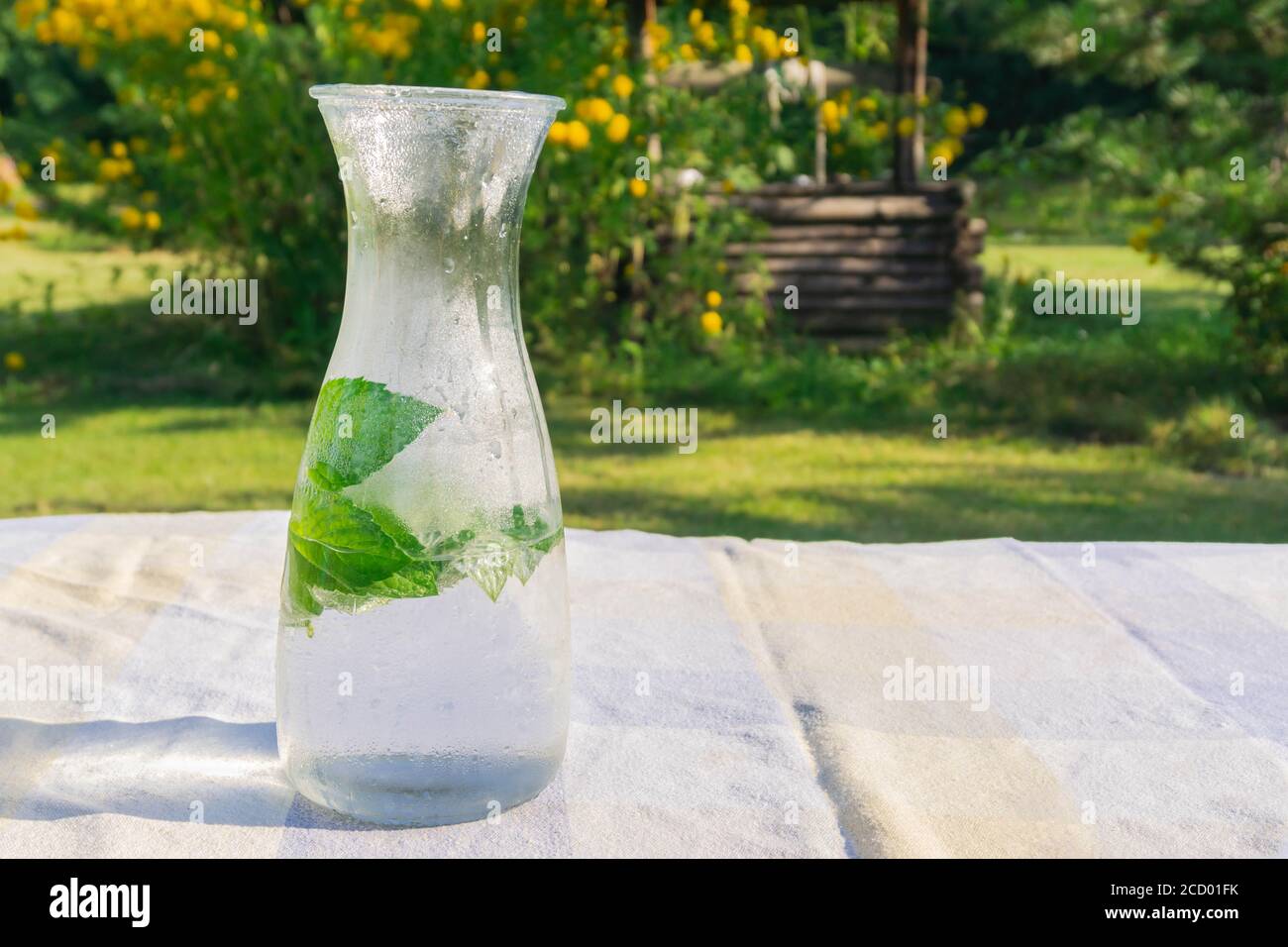 De l'eau fraîche à la menthe dans une verseuse en verre sur une table en campagne. Boire de l'eau avec des feuilles de menthe en extérieur jugful transparent. Pichet avec détox Banque D'Images