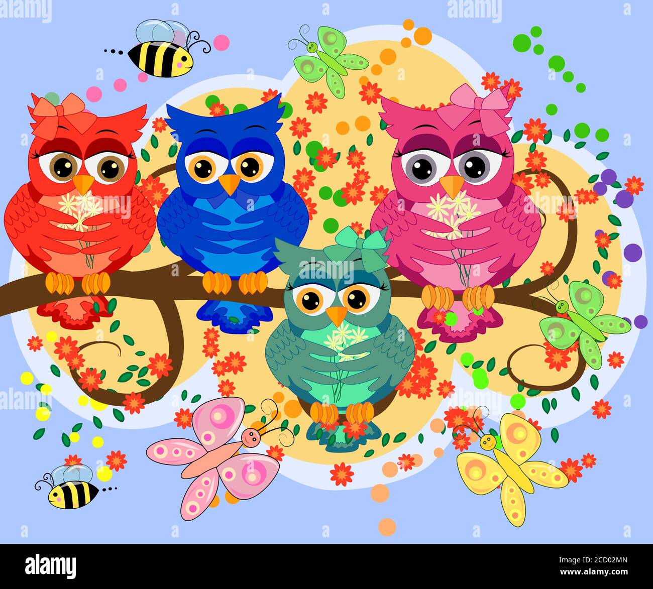 Trois Chouettes Chouettes Dessins Animes Colores Assises Sur La Branche De L Arbre Avec Des Fleurs Autocollant Amusant Des Oiseaux Sur Fond Blanc Image Vectorielle Stock Alamy