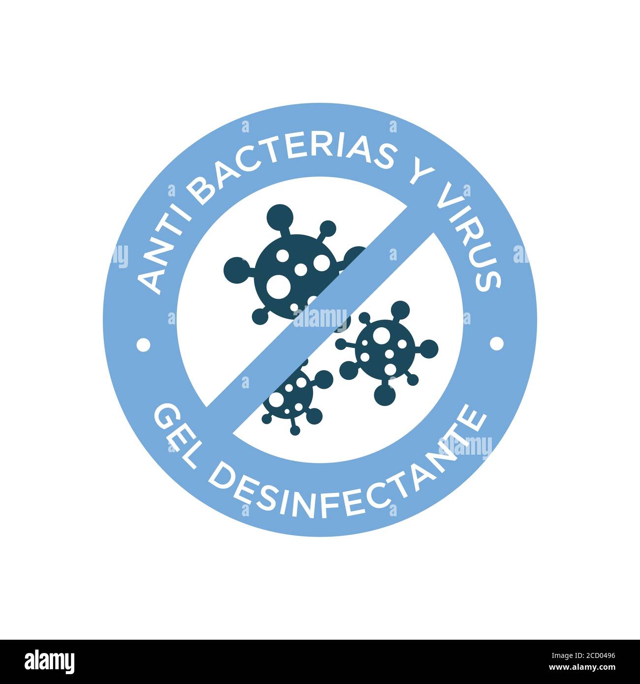 Icône d'assainisseur écrite en espagnol. Solution anti-bactérienne et anti-virus. Symbole rond pour les étiquettes de gel désinfectant. Illustration de Vecteur