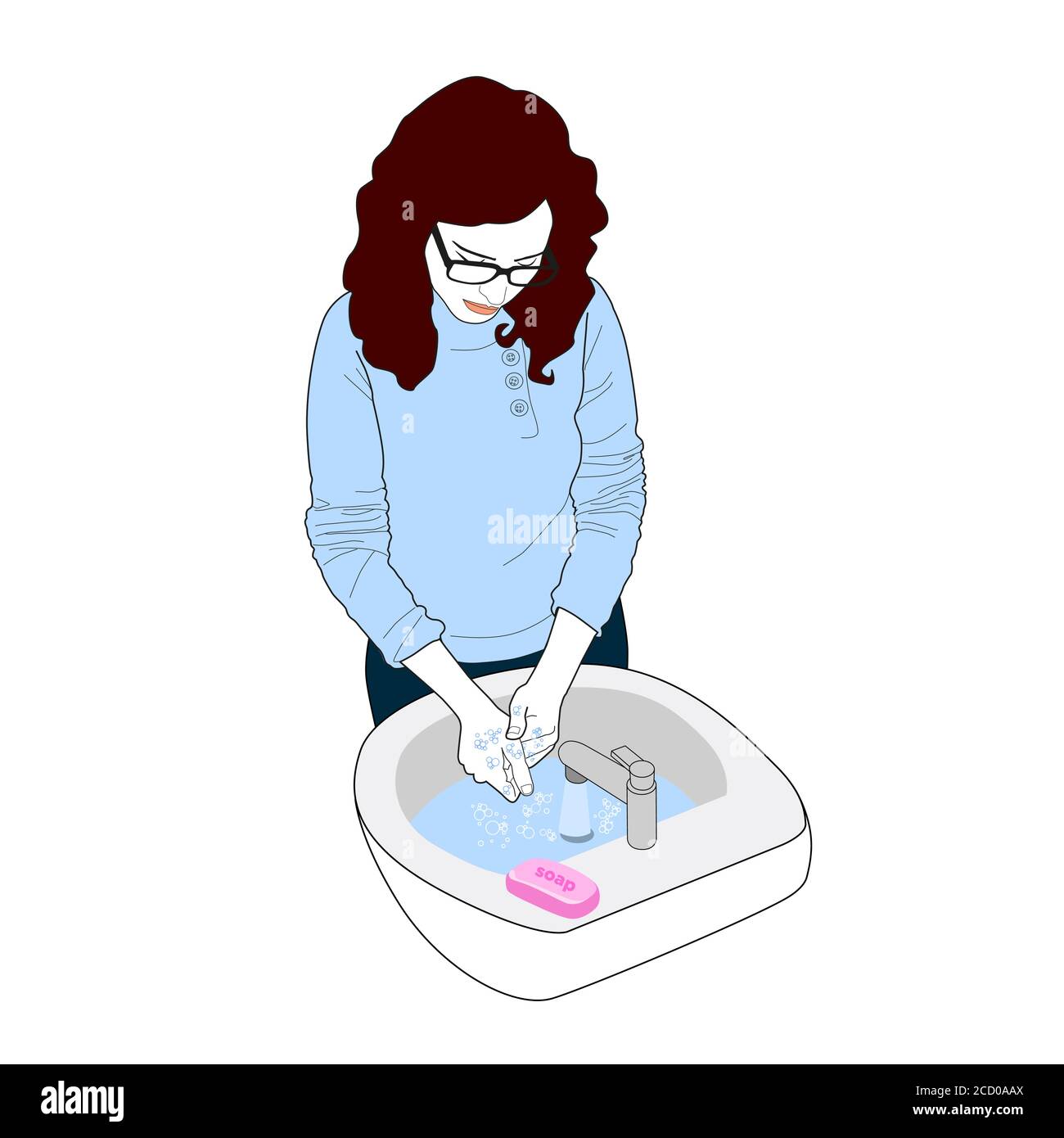 Femme se lavant les mains. Prévention contre la contagion et l'expansion du coronavirus. Mesurer pour arrêter le COVID-19. Illustration de Vecteur