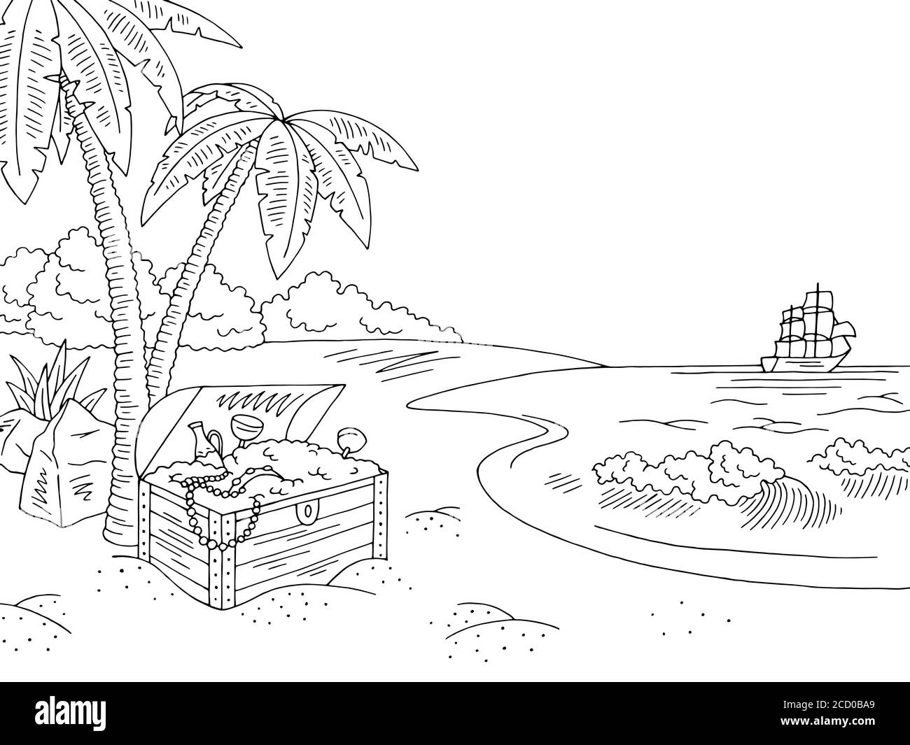 Illustration d'un dessin de paysage noir blanc représentant un Trésor enterré sur la côte de la mer vecteur Illustration de Vecteur