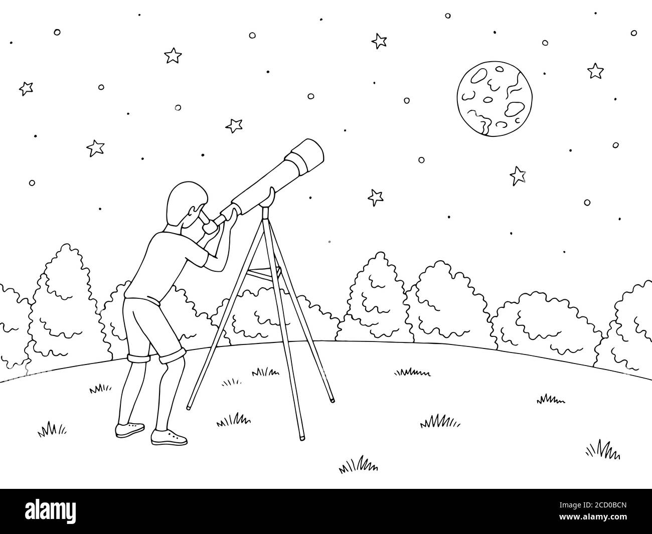 Garçon regarde les étoiles à travers un télescope. Nuit paysage graphique noir blanc paysage dessin illustration vecteur Illustration de Vecteur
