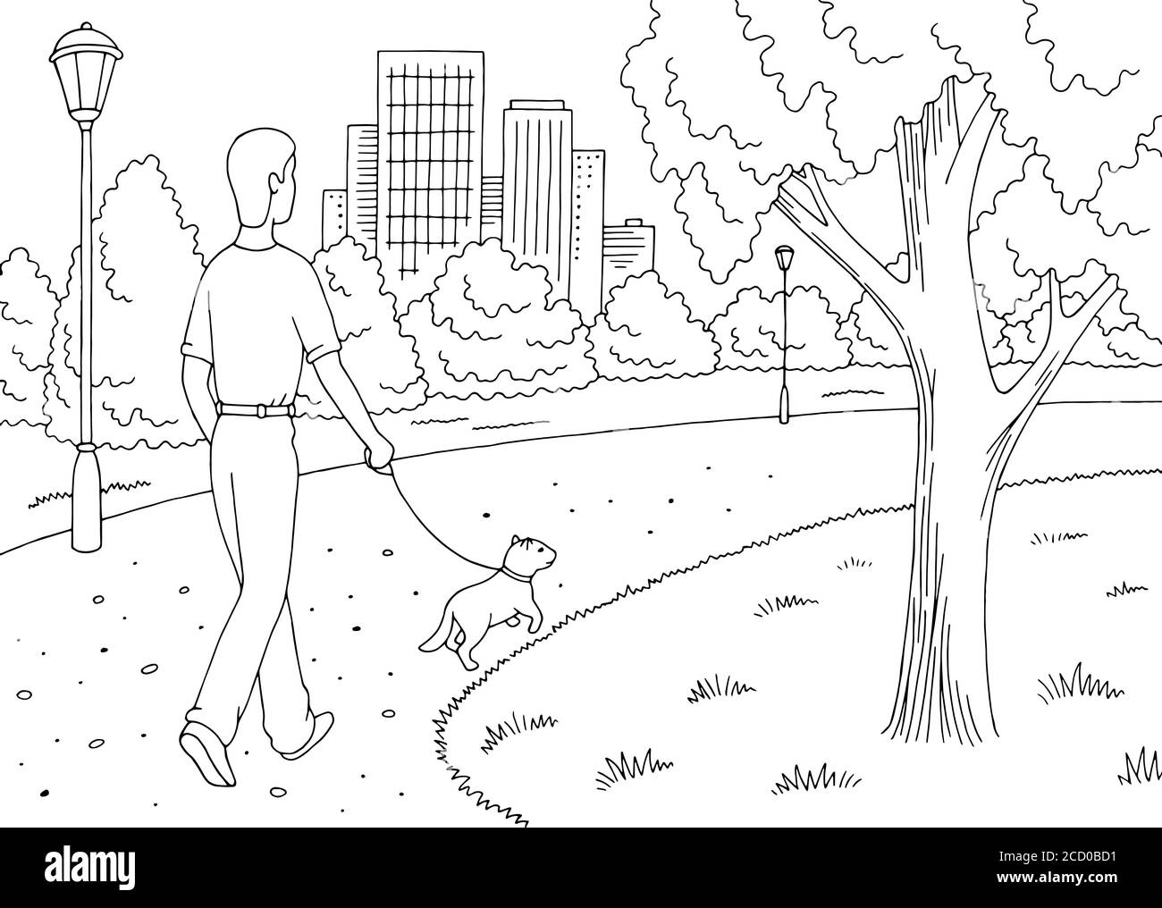 Park Graphic noir blanc paysage dessin vecteur d'illustration. L'homme marche avec un chien Illustration de Vecteur