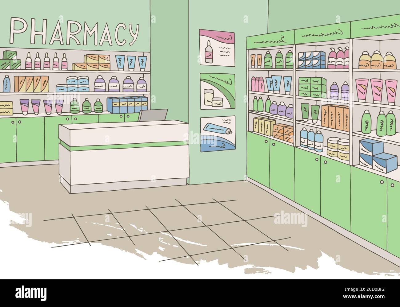 Interieur De La Pharmacie Graphique Magasin Couleur Dessin Illustration Vecteur Image Vectorielle Stock Alamy