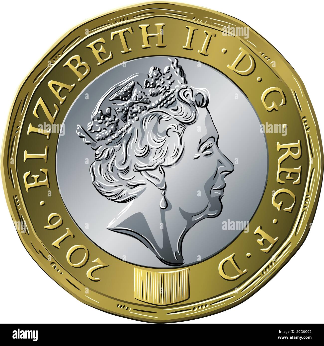 Vector British Money Gold coin une livre nouveau design à 12 côtés Avec le profil de la reine Elizabeth II sur l'obverse Illustration de Vecteur