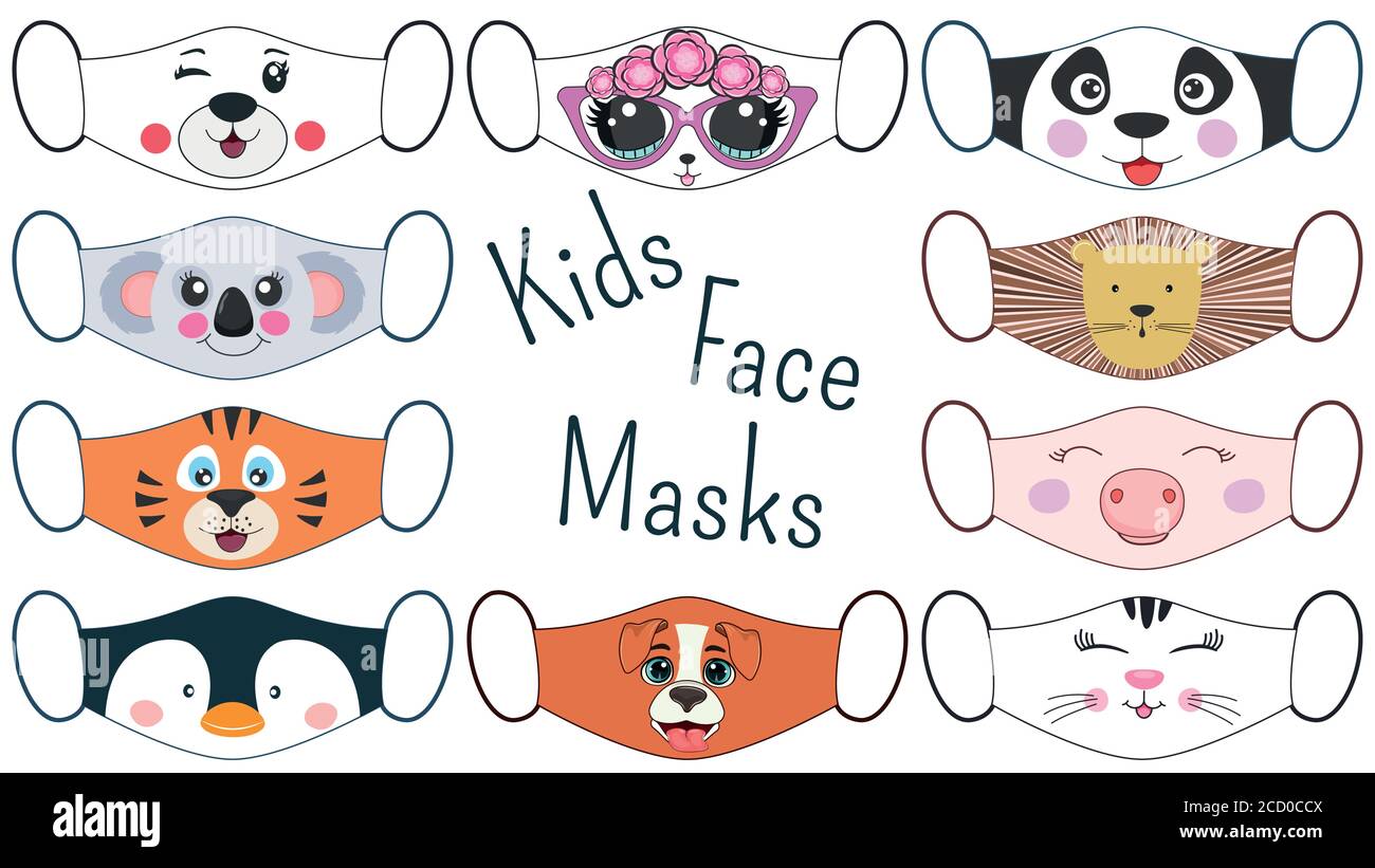 Ensemble de masques pour enfants avec visages pour animaux. Illustration de Vecteur