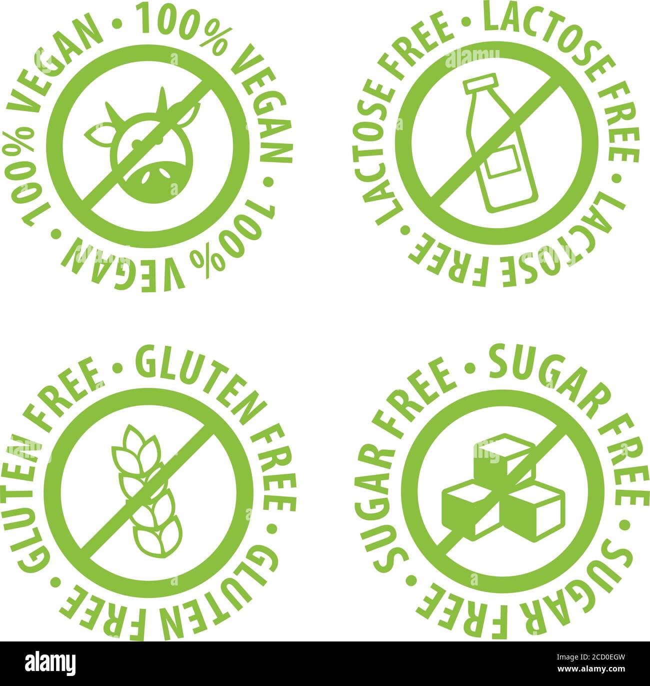 Lot de médailles gratuites Allergen. Sans lactose, sans gluten, sans sucre, 100% végétalien. Signes vectoriels dessinés à la main. Peut être utilisé pour la conception d'emballages. Illustration de Vecteur