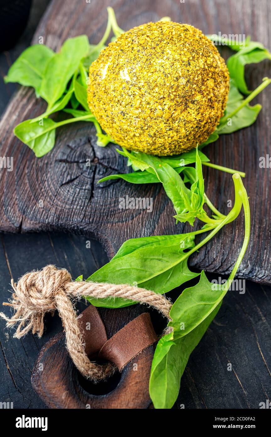 Petites boules de fromage suisse Beffer Knolle, faites de lait de vache. Une boule de fromage jaune rond frais se trouve sur une belle vieille planche de bois avec Banque D'Images