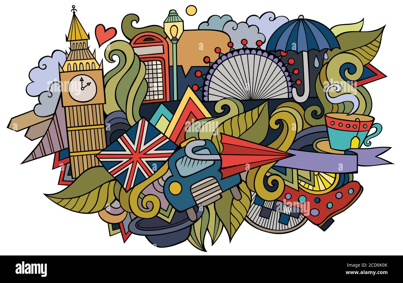Illustration des dessins animés à la main de Londres. Design de voyage amusant. Illustration de Vecteur