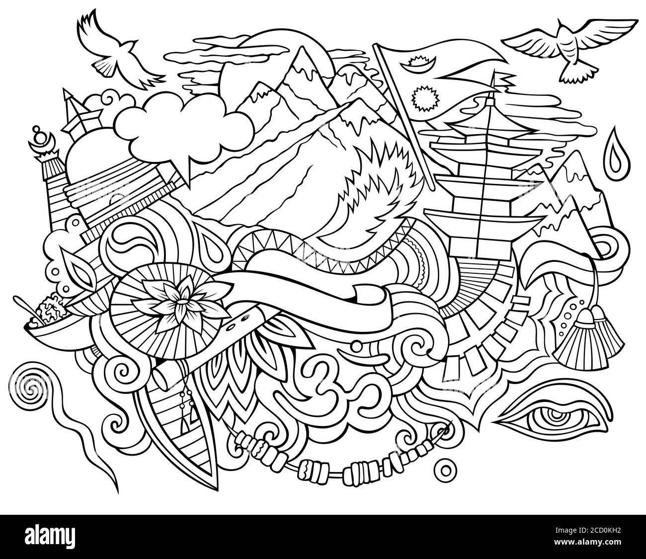 Illustration des dessins animés à la main du Népal. Design de voyage amusant Illustration de Vecteur Illustration des dessins animés à la main du Népal. Design de voyage amusant Illustration de Vecteur
