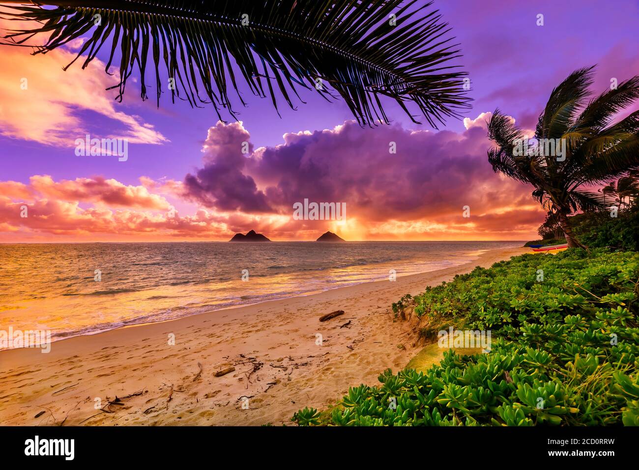 Lanakai Beach au lever du soleil, avec les vagues se lavant sur le sable et une vue sur les îles Mokulua au loin Banque D'Images