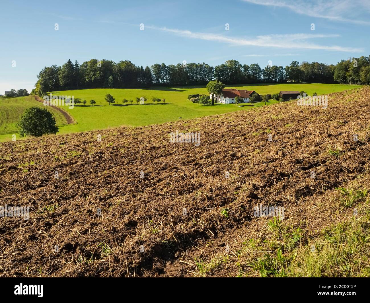 Vue sur la vallée de Zwettl avec des terres fraîchement labourées ; Zwettl, région de Waldviertel, Basse-Autriche, Autriche Banque D'Images