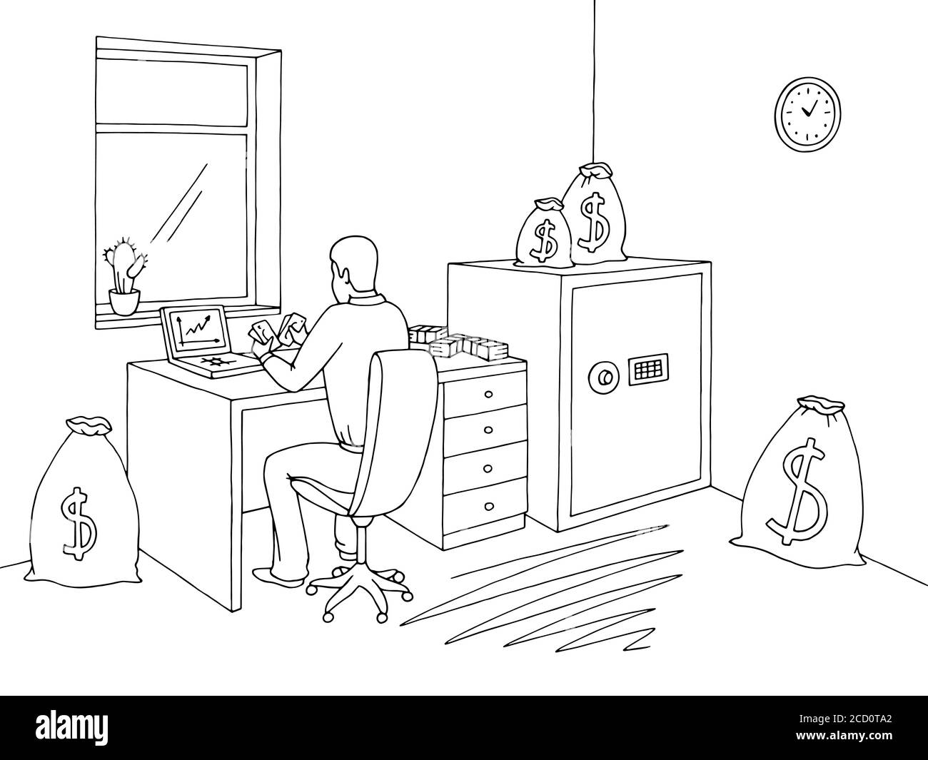 Illustration vectorielle de l'intérieur du dessin graphique de la salle de bureau noir blanc. Homme comptant de l'argent Illustration de Vecteur