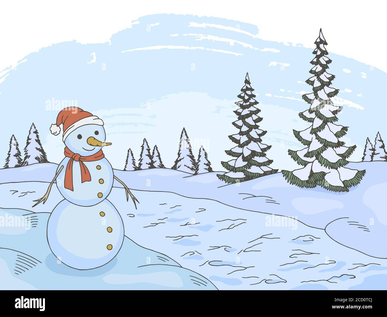 Hiver forêt graphique bonhomme de neige couleur paysage esquisse illustration vecteur Illustration de Vecteur