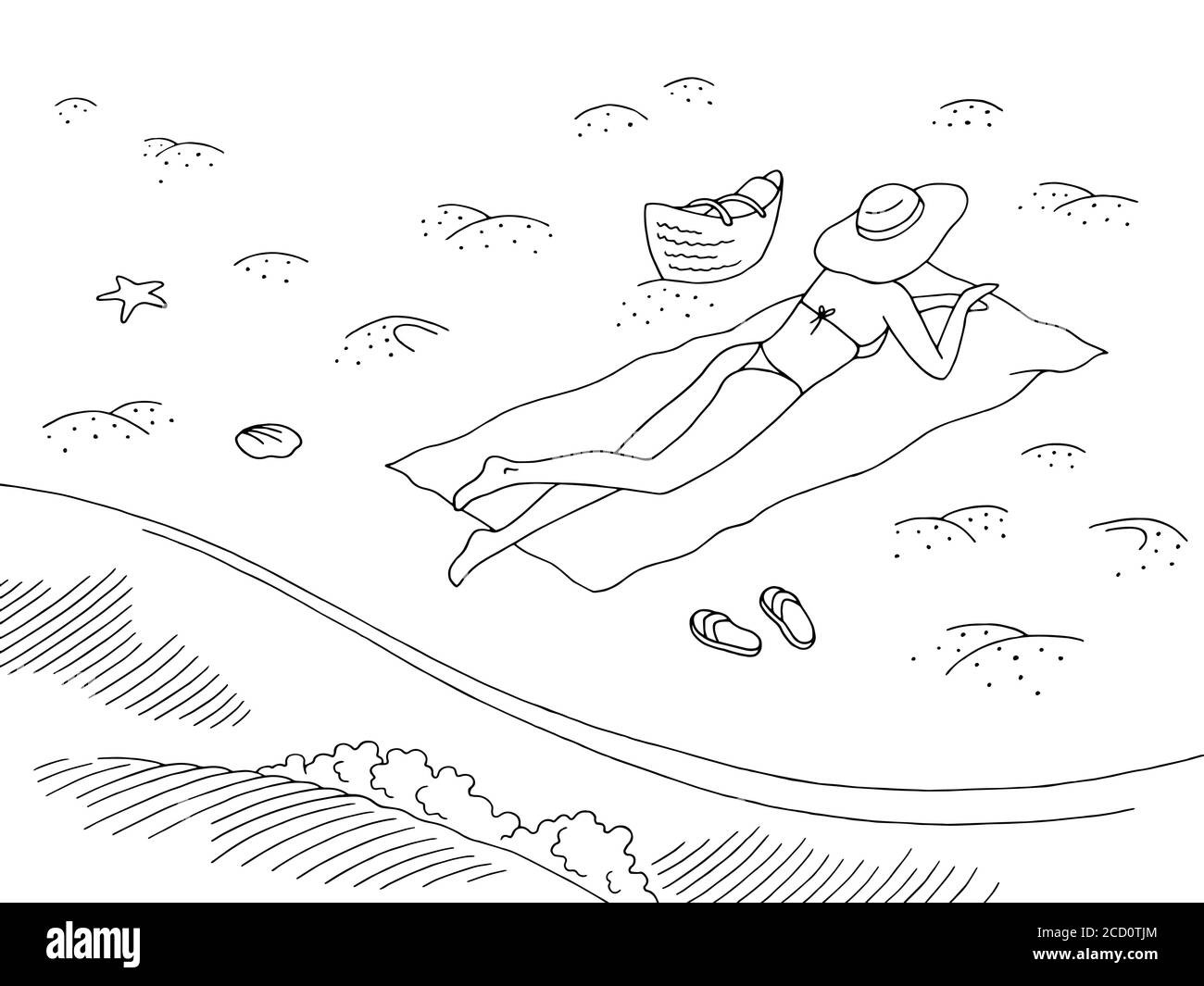 Graphique de la côte de mer noir blanc paysage dessin vecteur d'illustration. Femme bain de soleil dans un chapeau Illustration de Vecteur