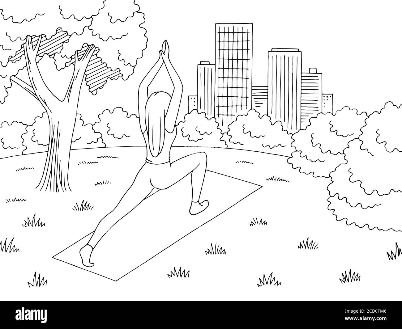 Park Graphic noir blanc paysage dessin vecteur d'illustration. Femme pratiquant le yoga Illustration de Vecteur