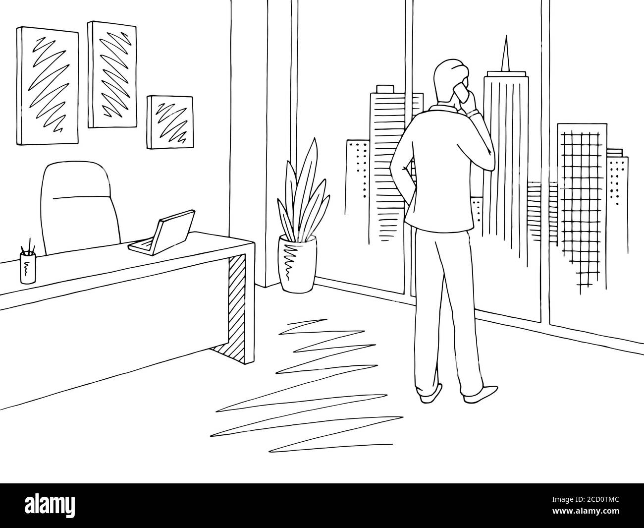Illustration vectorielle de l'intérieur du dessin graphique de la salle de bureau noir blanc. Homme parlant au téléphone et regardant par la fenêtre Illustration de Vecteur