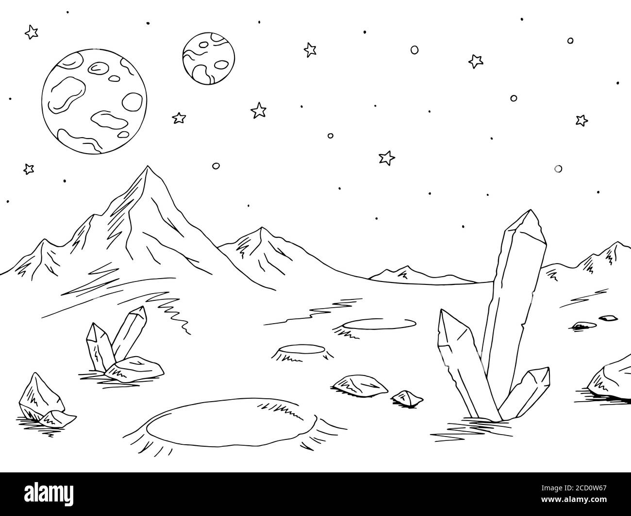 Alien Planet graphique noir espace paysage dessin vecteur d'illustration Illustration de Vecteur