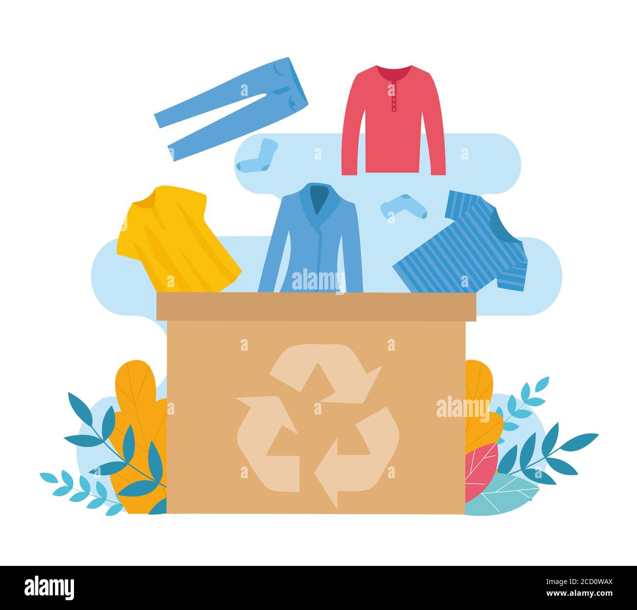 Illustration vectorielle avec boîte en carton et vieux vêtements pour le recyclage, fond blanc Illustration de Vecteur