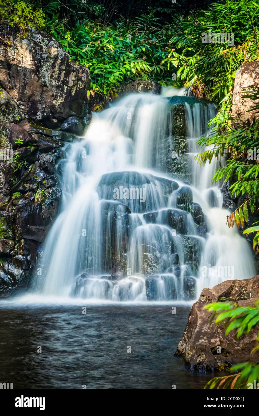 Waipo'o Falls descendant jusqu'à la piscine, parc national de Waimea Canyon ; Kauai, Hawaii, États-Unis d'Amérique Banque D'Images