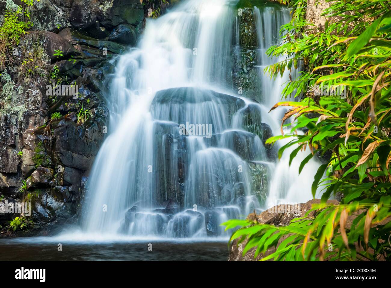 Waipo'o Falls descendant jusqu'à la piscine, parc national de Waimea Canyon ; Kauai, Hawaii, États-Unis d'Amérique Banque D'Images
