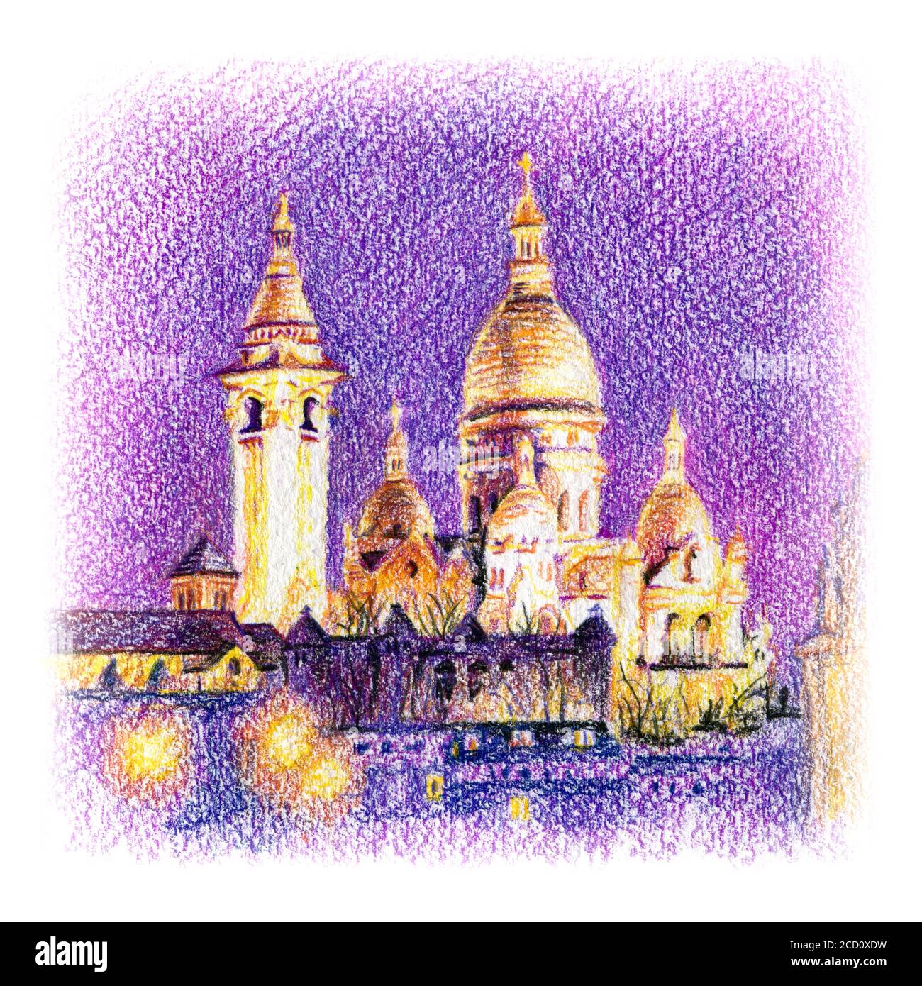 Croquis urbain de la Basilique du Sacré coeur de Paris, Paris, France. Dessin avec des crayons de couleur Banque D'Images