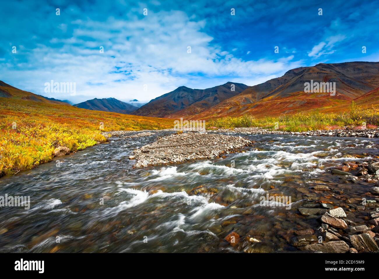 Le ruisseau Kuyuktuvuk et les monts Brooks sont colorés à l'automne sous un ciel bleu. Gates of the Arctic National Park and Preserve, Alaska arctique en automne Banque D'Images