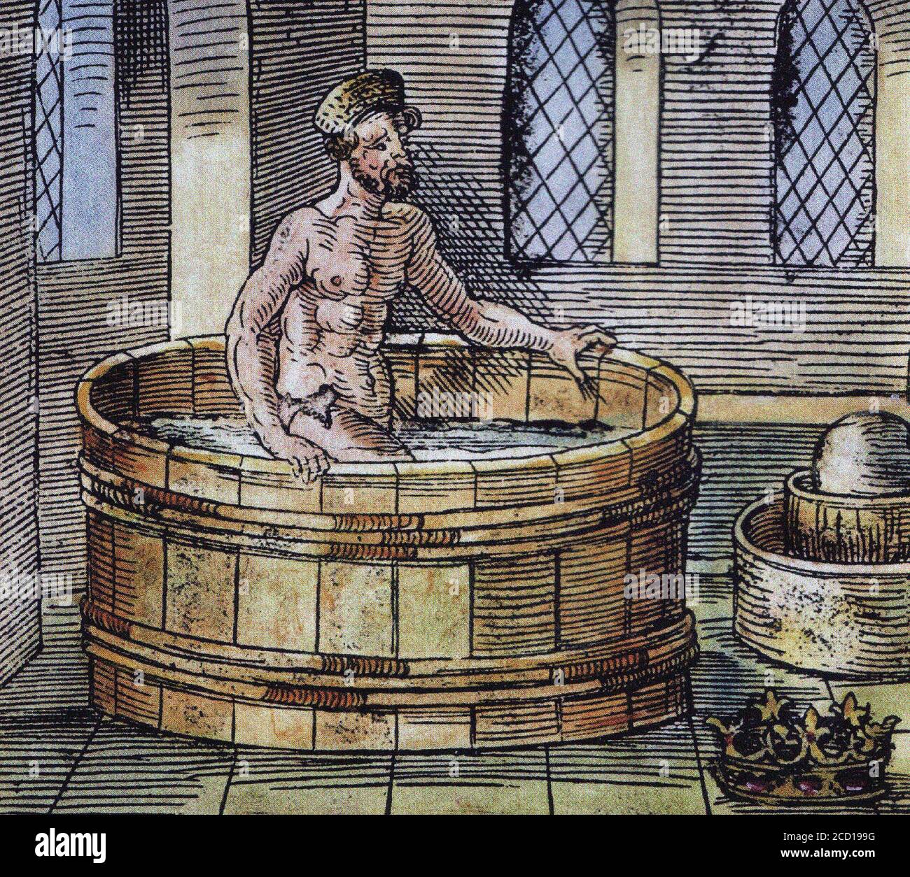 Archimède dans son bain, coupe de bois du XVIe siècle Banque D'Images