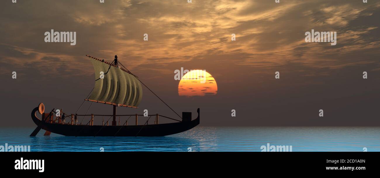 Ancien navire égyptien - deux bateaux naviguent sur un océan calme dans un ancien voilier égyptien historique tandis que le soleil se couche à l'horizon. Banque D'Images