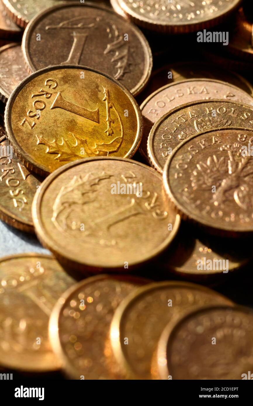 Gros plan sur les pièces Polish One grosz, mise au point sélective. Banque D'Images